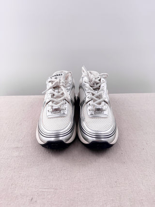 Chanel Fabric Laminated Calfskin Stretch CC Sneakers White Silver Women's EU 36