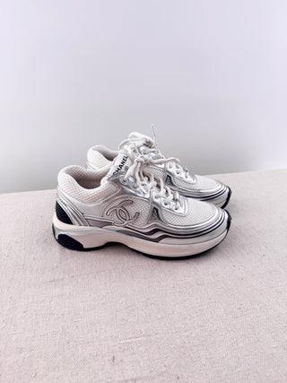 Chanel Fabric Laminated Calfskin Stretch CC Sneakers White Silver Women's EU 36