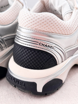 Chanel Fabric Laminated Calfskin Stretch CC Sneakers White Silver Women's EU 36