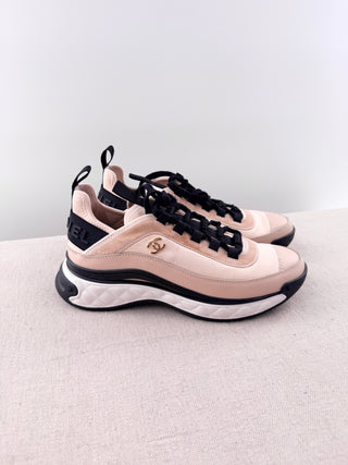 Chanel Suede Calfskin Nylon Grosgrain CC Low Top Sneakers Light Pink Women EU 39
