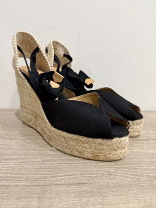 NWT Castaner Bilina Canvas Ankle Strap Espadrille Wedge Sandals Black Women's 9