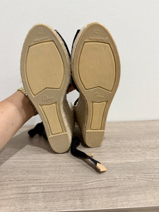 NWT Castaner Bilina Canvas Ankle Strap Espadrille Wedge Sandals Black Women's 9