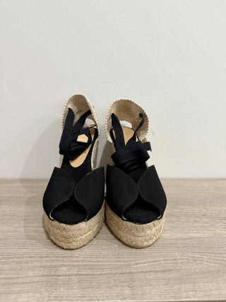 NWT Castaner Bilina Canvas Ankle Strap Espadrille Wedge Sandals Black Women's 9