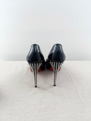 Christian Louboutin patent leather platform very prive 120 peep toe pumps with spikes, 40