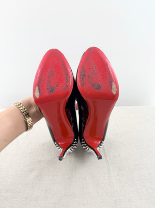 Christian Louboutin patent leather platform very prive 120 peep toe pumps with spikes, 40