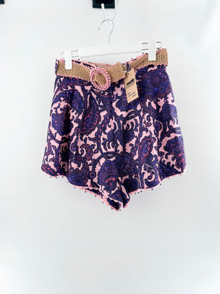 Zimmermann paisley print linen shorts with raffia belt, 2 / M