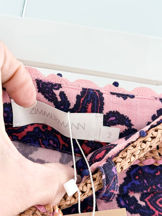 Zimmermann paisley print linen shorts with raffia belt, 2 / M