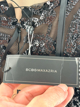 NWT BCBGMaxazria Embellished Beaded V-Neck Mesh Long Dress Black Women's Size 6