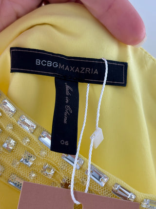 BCBGMaxazria Embellished Asymmetric One Shoulder Long Dress Yellow Womens Size 6