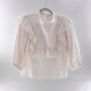 Ostra Brasil Eyelet Puff Sleeve Ruffle Trim High Neck Blouse White Womens Size M