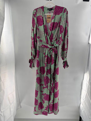 PatBo Cecilia Floral Print Long Sleeve V-Neck Maxi Dress Aqua Women's Size 4