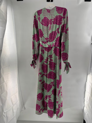 PatBo Cecilia Floral Print Long Sleeve V-Neck Maxi Dress Aqua Women's Size 4