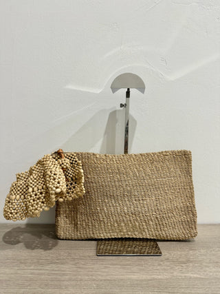 Aranaz Raffia and Wood Beads Small Clutch Handbag Beige