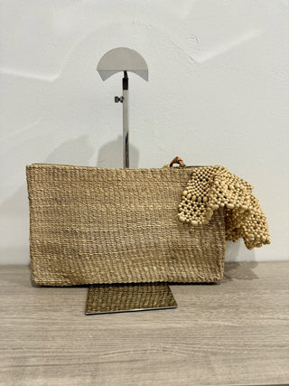 Aranaz Raffia and Wood Beads Small Clutch Handbag Beige