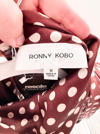 Ronny Kobo Polka dot mini dress with mock neck & extended pleated shoulders, m
