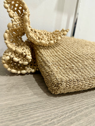 Aranaz Raffia and Wood Beads Small Clutch Handbag Beige