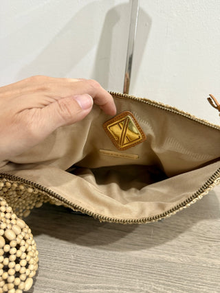 Aranaz Raffia and Wood Beads Small Clutch Handbag Beige