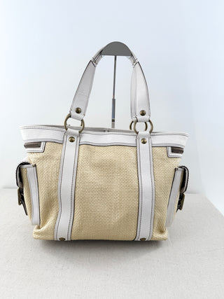 Coach Legacy Natural Straw & Leather Large Shoulder Tote Bag White Beige
