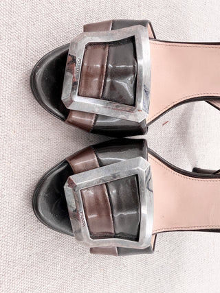 Prada Patent Leather Buckle Slip On Ankle Strap Slingback Heels Black Women's EU 37