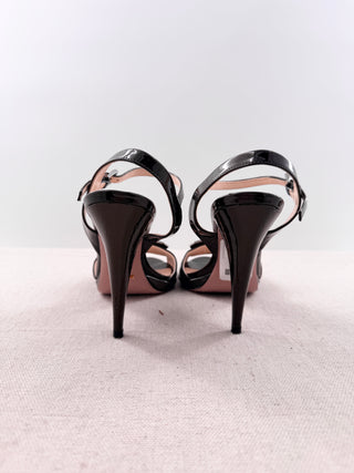 Prada Patent Leather Buckle Slip On Ankle Strap Slingback Heels Black Women's EU 37