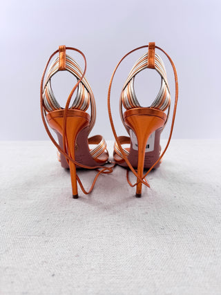 Aquazzura Metallic Leather Slip On Stilettos Wrap Sandals Orange Women's EU 36