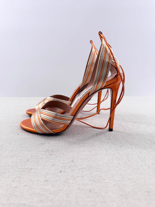 Aquazzura Metallic Leather Slip On Stilettos Wrap Sandals Orange Women's EU 36