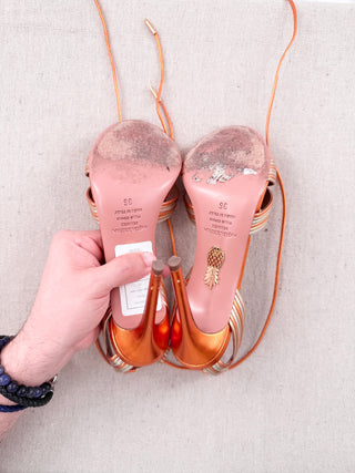 Aquazzura Metallic Leather Slip On Stilettos Wrap Sandals Orange Women's EU 36