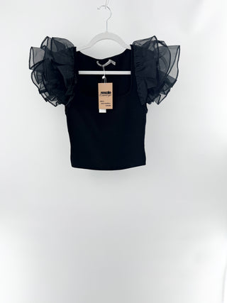 Alice & Olivia knit crop top with tulle sleeves, S