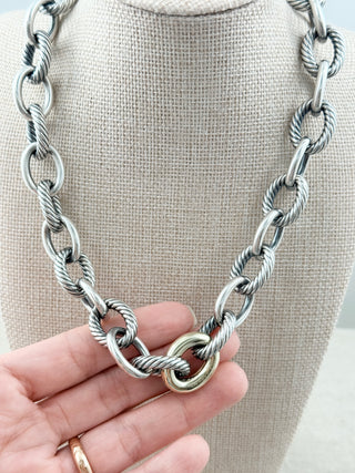 David Yurman oval link sterling silver and 18 k gold necklace