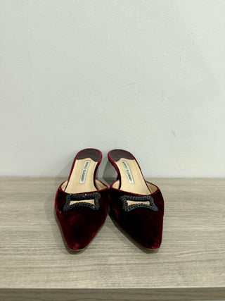Manolo Blahnik Velvet Pointy Toe Crystal Kitten Heel Mules Red Women 38 / US 8