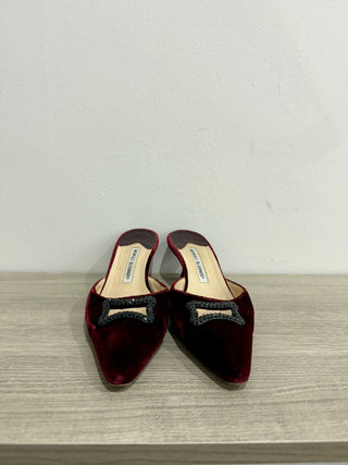 Manolo Blahnik Velvet Pointy Toe Crystal Kitten Heel Mules Red Women 38 / US 8