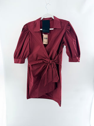 RED Valentino wrap-style mini dress with puff sleeves and oversized bow waist in structured cotton fabric, 8