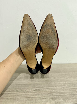 Manolo Blahnik Velvet Pointy Toe Crystal Kitten Heel Mules Red Women 38 / US 8
