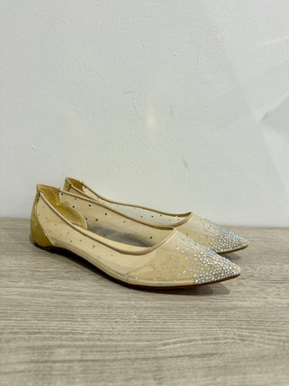 Christian Louboutin Follies Strass Pointy Toe Mesh Ballerina Flat Gold 39 / US 9