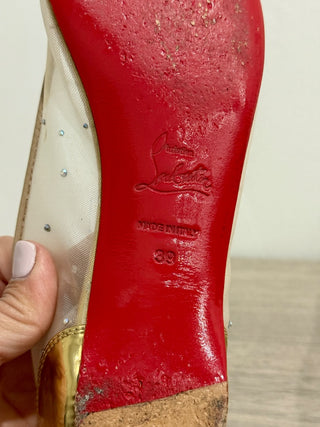 Christian Louboutin Follies Strass Pointy Toe Mesh Ballerina Flat Gold 39 / US 9