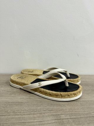 Chanel Raffia Leather Logo Slip On Platform Thong Sandals Beige Womens 38 / US 8