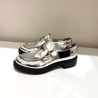NWOT Prada Metallic Leather 50mm Block Heel Loafers Shoes Silver Women's EU 40