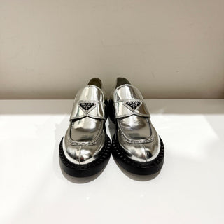 NWOT Prada Metallic Leather 50mm Block Heel Loafers Shoes Silver Women's EU 40