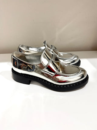 NWOT Prada Metallic Leather 50mm Block Heel Loafers Shoes Silver Women's EU 40