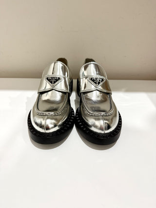 NWOT Prada Metallic Leather 50mm Block Heel Loafers Shoes Silver Women's EU 40