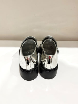 NWOT Prada Metallic Leather 50mm Block Heel Loafers Shoes Silver Women's EU 40