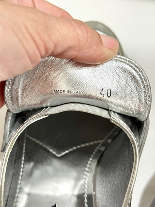 NWOT Prada Metallic Leather 50mm Block Heel Loafers Shoes Silver Women's EU 40
