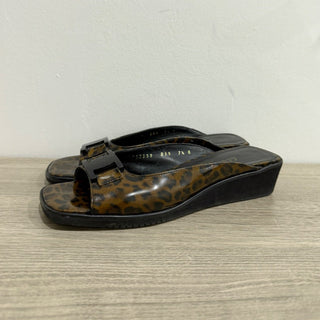 Salvador Ferragamo Leopard Print Slip On Wedge Slides Sandals Brown/Black 7.5