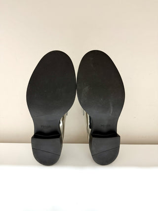 NWOT Prada Metallic Leather 50mm Block Heel Loafers Shoes Silver Women's EU 40