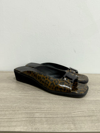 Salvador Ferragamo Leopard Print Slip On Wedge Slides Sandals Brown/Black 7.5