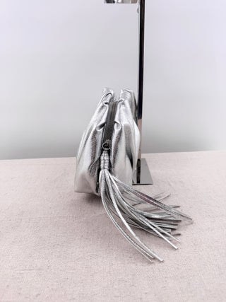 Rebecca Minkoff ruched leather clutch bag with zipper and tassel