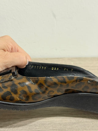 Salvador Ferragamo Leopard Print Slip On Wedge Slides Sandals Brown/Black 7.5