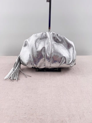 Rebecca Minkoff ruched leather clutch bag with zipper and tassel