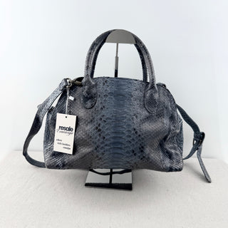 Snakeskin Patterned Medium Leather Satchel Handbag with Long Strap Gray Blue
