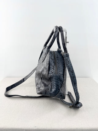 Snakeskin Patterned Medium Leather Satchel Handbag with Long Strap Gray Blue